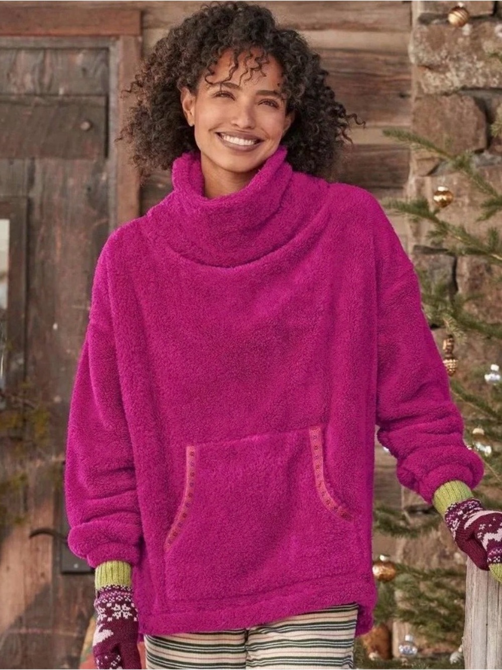 Sundance Sasha Teddy Oversized Cowl Neck Pink Fleece Pullover Size Small